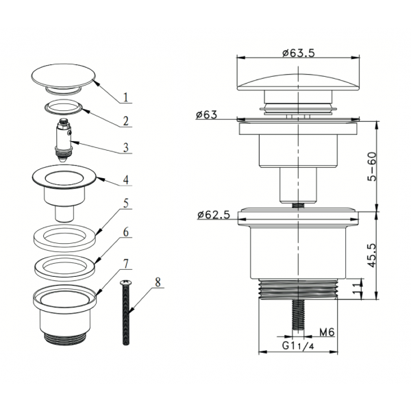 Piletta Scarico Click Clack 11/4" UNIVERSALE in Ottone Cromato per Lavabo Bidet - immagine 2